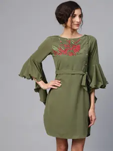 Zima Leto Women Olive Green Embroidered Detail Shift Dress