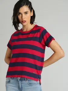 The Roadster Lifestyle Co Women Red  Navy Blue Striped Round Neck Pure Cotton T-shirt