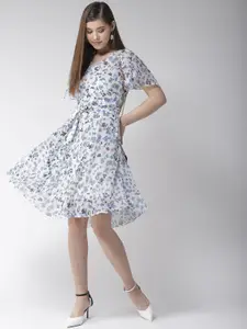 MISH Women White & Blue Floral Printed Wrap Dress