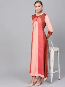 Indo Era Women Peach-Coloured & Burgundy Colourblocked A-Line Kurta