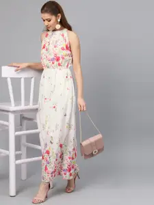 Athena Women White & Pink Printed Maxi Dress