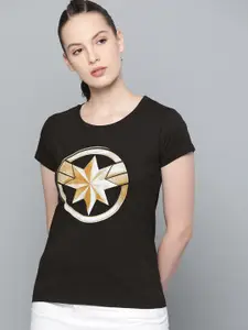 Kook N Keech Marvel Women Black  Beige Printed Round Neck Pure Cotton T-shirt
