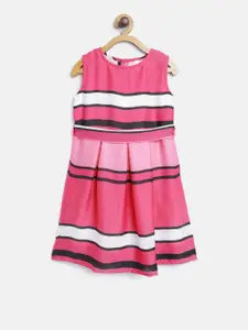 StyleStone Girls Pink & Black Striped Fit & Flare Dress