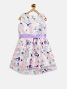 StyleStone Girls Peach-Coloured & Lavender Printed Fit & Flare Dress