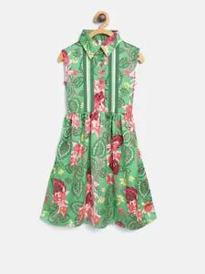 StyleStone Girls Green & Pink Printed Fit & Flare Dress