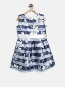 StyleStone Girls Navy Blue & Grey Striped Fit & Flare Dress