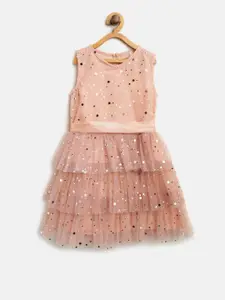 StyleStone Girls Peach-Coloured Embellished Layered Fit & Flare Dress