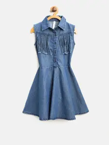 StyleStone Girls Blue Solid Denim Fit & Flare Dress