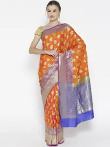 Banarasi Style Orange & Blue Silk Blend Woven Design Banarasi Saree