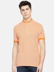 John Players Men Orange Slim Fit Solid Mandarin Collar Pure Cotton T-shirt