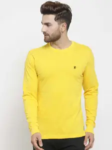 Friskers Men Yellow Solid Round Neck Pure Cotton T-shirt