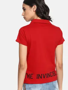 Kook N Keech Marvel Women Red Printed Polo Collar Pure Cotton T-shirt