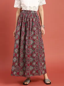 Taavi Maroon & Blue Ajrakh Hand Block Print Sustainable Maxi Pure Cotton Skirt with Gathered Detail