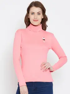 Hypernation Women Pink Solid Turtle Neck T-shirt