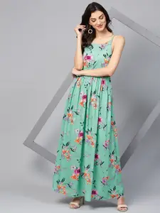 Zima Leto Women Green Floral Print Maxi Dress