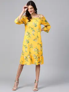 Zima Leto Women Yellow & Green Printed Off-Shoulder A-Line Dress