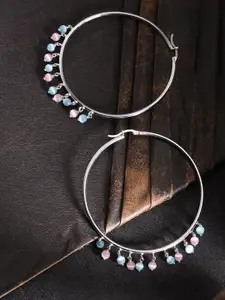 Carlton London Silver-Toned & Pink Rhodium-Plated Beaded Circular Hoop Earrings