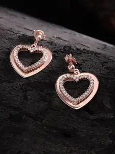 Carlton London Rose Gold-Plated CZ-Studded Heart Shaped Drop Earrings