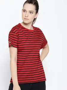 Harvard Women Red & Black Striped Round Neck T-shirt