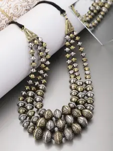 Infuzze Oxidised Silver-Toned & Antique Gold-Toned Brass-Plated Beaded Layered Necklace