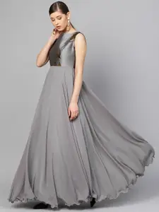 Inddus Women Grey Woven Yoke Design Gown