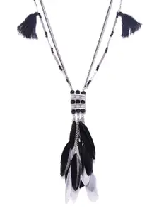KARATCART Black & Grey Silver-Plated Beaded Feather Necklace