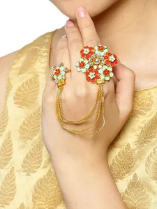KARATCART Women Mint Green & Red Gold Plated Enamelled Adjustable Dual Finger Ring