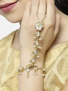 KARATCART Off-White Gold-Plated Kundan Studded & Beaded Ring Bracelet