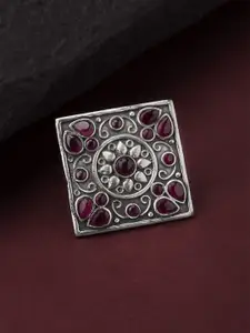Rubans Women Silver-Plated & Maroon Ruby Studded Traditional Ring