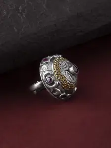Rubans Women Silver-Plated & Maroon Ruby Studded Cocktail Ring