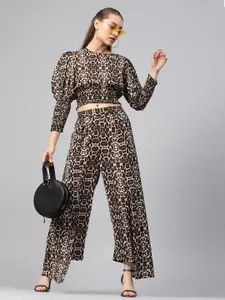 SASSAFRAS Black & Beige Animal Print Crop Blouson Top