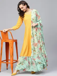Ahalyaa Women Mustard Yellow & Sea Green Layered Printed Maxi Dress with Dupatta