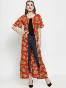 Indibelle Red Printed Button Longline Shrug