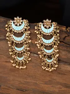 Zaveri Pearls Gold-Toned & Blue Crescent Shaped Enamelled Layered Drop Earrings