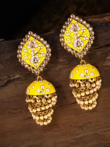 Zaveri Pearls Gold-Toned & Yellow Enamelled Antique Dome Shaped Jhumkas