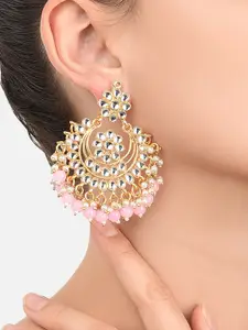 Zaveri Pearls Gold-Toned & Pink Kundan Studded Crescent-Shaped Chandbalis