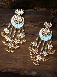 Zaveri Pearls Gold-Toned & Turquoise Blue Crescent Shaped Drop Earrings