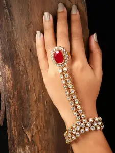 Zaveri Pearls Gold-Toned & Red Kundan Ring Bracelet