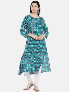 Global Desi Women Green & Blue Checked Straight Kurta