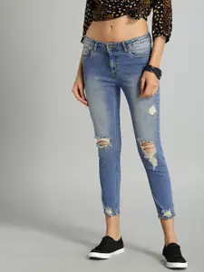 The Roadster Lifestyle Co Women Blue Skinny Fit Mid-Rise Mildly Distressed Stretchable Cropped Jeans