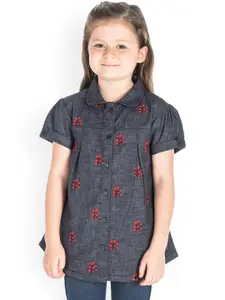 Cherry Crumble Girls Grey Printed Shirt Style Cotton Top