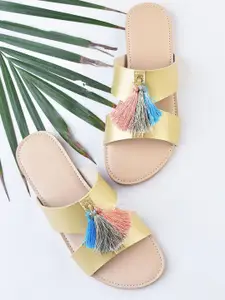 Street Style Store Women Gold-Toned Solid Open Toe Flats with Tasselled Detail