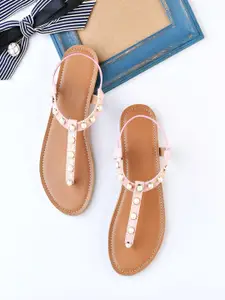 Street Style Store Women Pink Solid T-Strap Flats with Embellished Detail