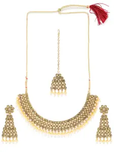 Peora Gold-Plated & Yellow Traditional Necklace Set with Earrings & Maang Tika