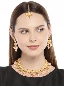 Peora Gold-Plated & Pink Antique Traditional Necklace Set with Earrings & Maang Tika