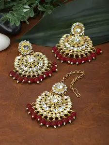 Peora 18K Gold-Plated & Red Earring Maang Tikka Jewellery Set