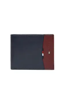 Tommy Hilfiger Men Navy Blue & Brown Leather Colourblocked Two Fold Wallet