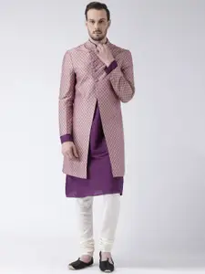 KISAH Men Purple & Off-White Jacquard Kurta Indowestern Sherwani Set