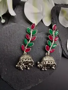 Fida Silver-Toned & Red Dome Shaped Jhumkas