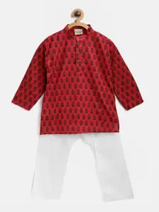 BownBee Boys Red & Off-White Printed Kurta with Pyjamas